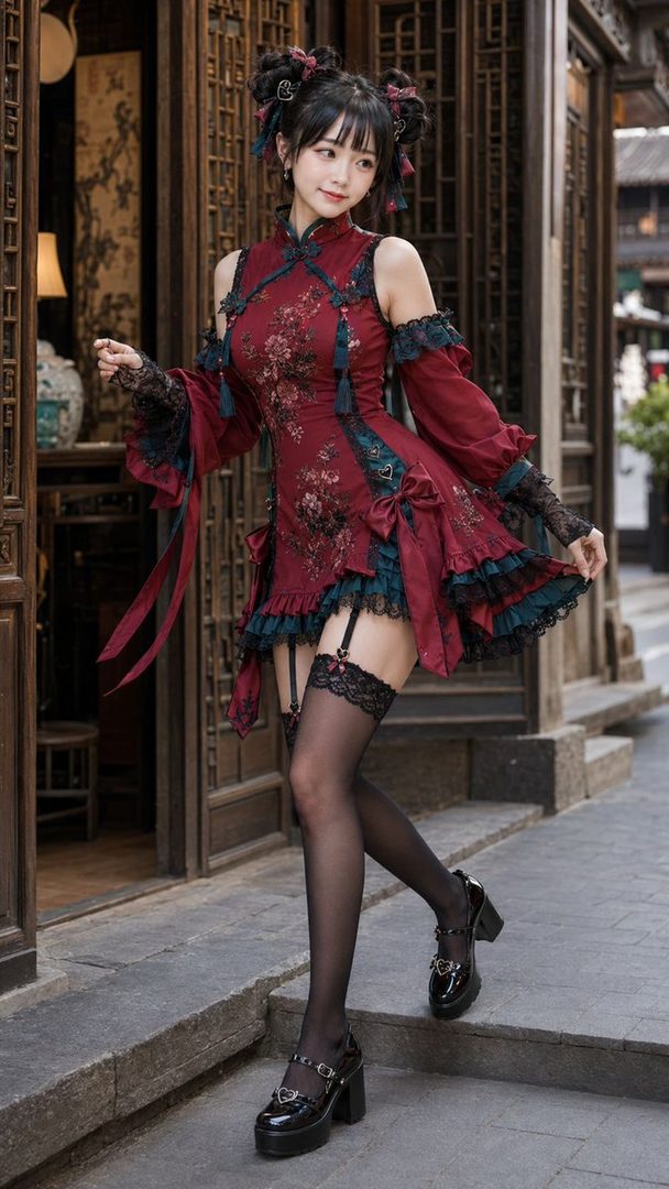 A young East Asian woman in a gothic lolita-inspired red dress with floral patterns, black lace trim, garters, and platform shoes, posing on a street with traditional architecture.
