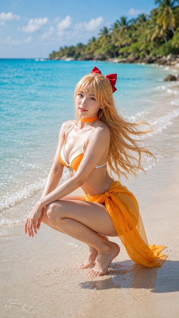A young woman with long blonde hair and a red bow, wearing an orange and white bikini and a sheer orange sarong, poses on a tropical beach with turquoise water and palm trees in the background.