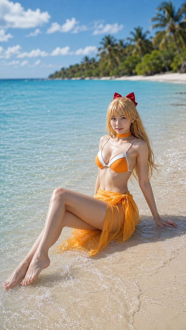 A beautiful woman with long blonde hair and a red bow sits on a tropical beach in an orange and white bikini and a sheer orange sarong.