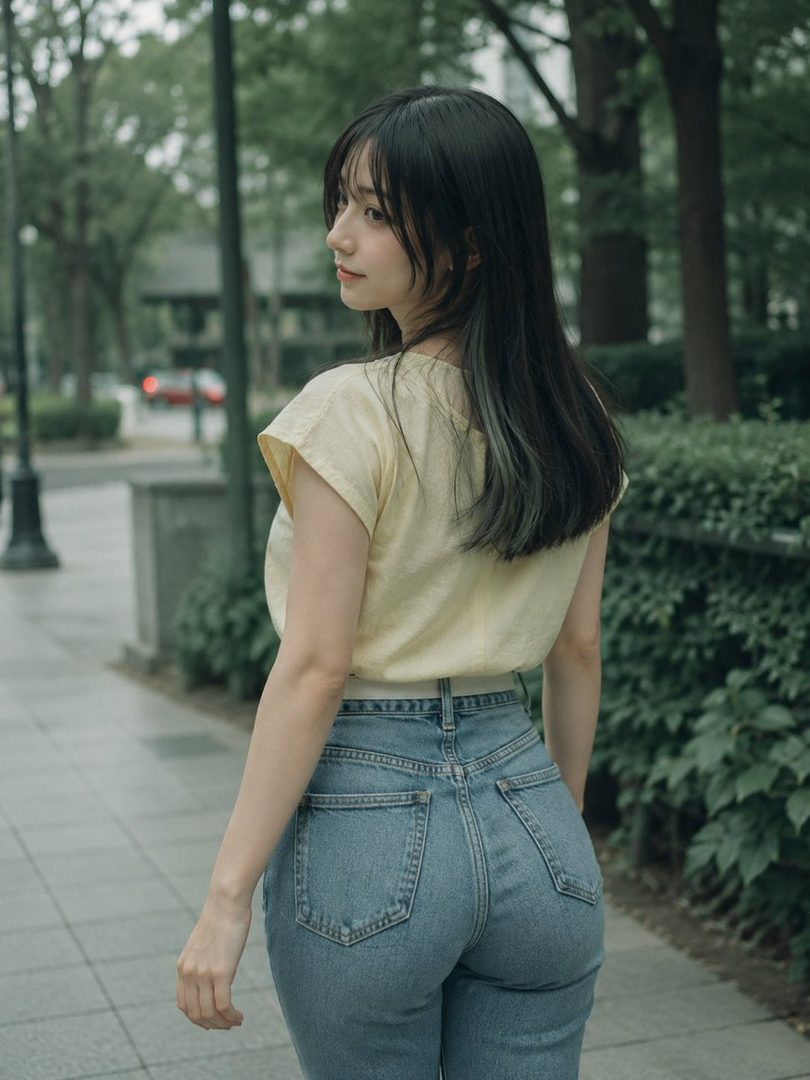 A young woman with long black hair and a yellow t-shirt walks down a tree-lined street, looking back over her shoulder.