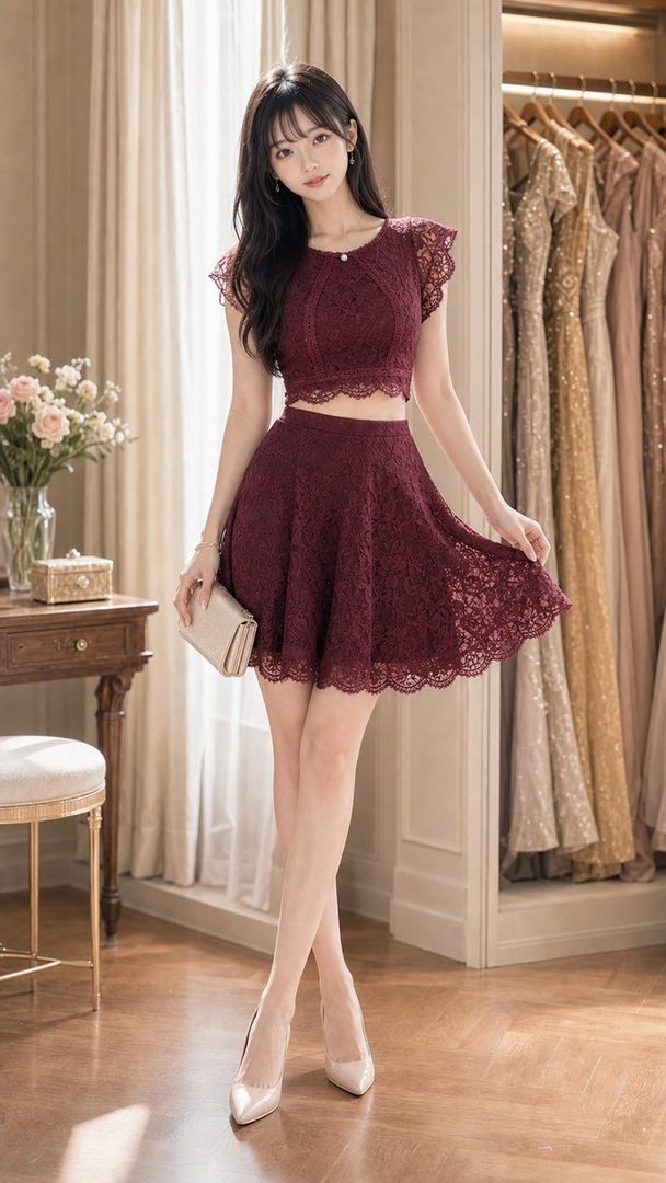 A young woman in a burgundy lace crop top and matching skater skirt poses indoors, holding a clutch.