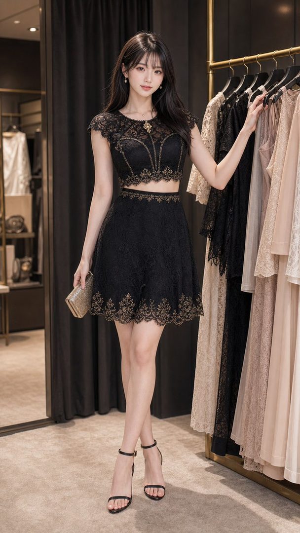 A young woman with long black hair poses in a black lace two-piece outfit with gold accents, standing indoors next to a rack of dresses.