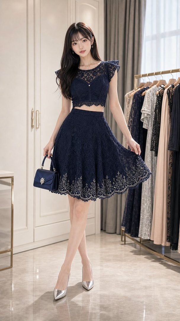 A young East Asian woman in a navy blue lace two-piece outfit, posing indoors with a handbag.