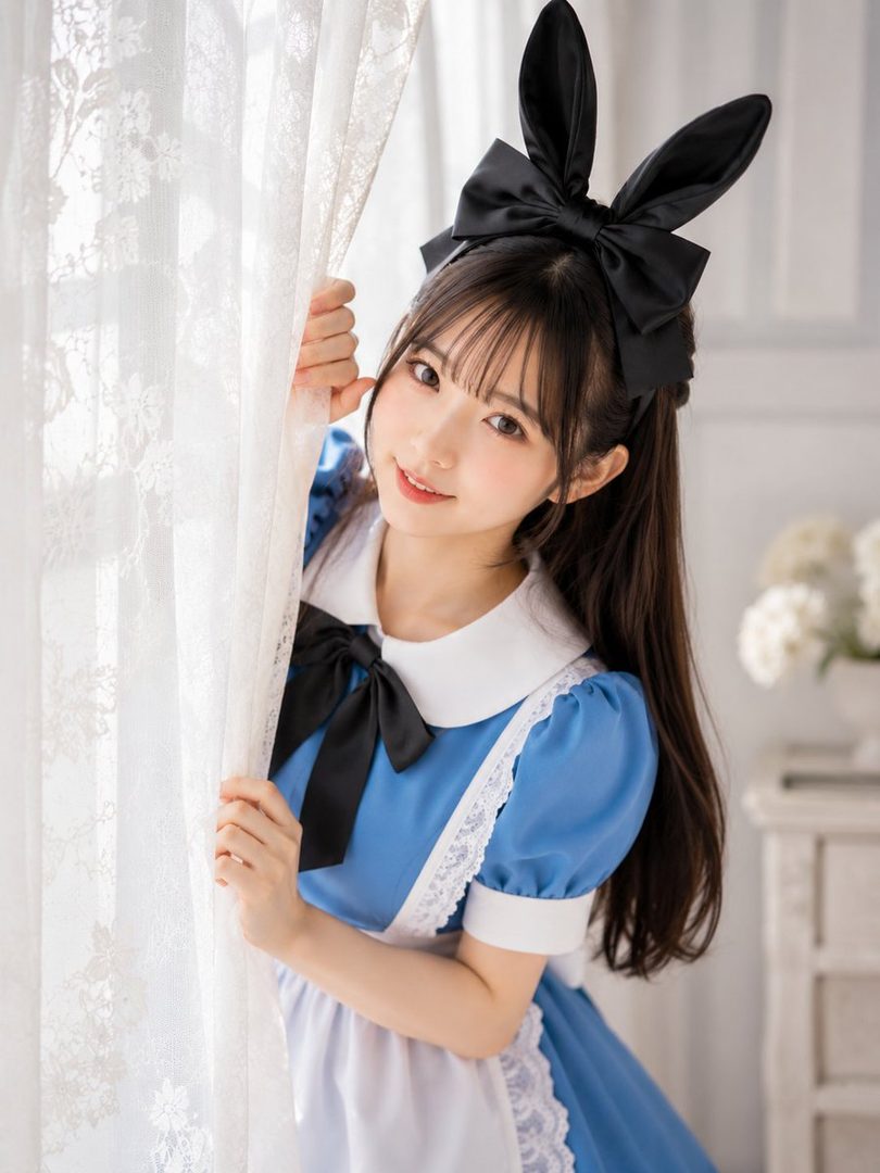 A young woman in an Alice in Wonderland-inspired blue dress with white lace trim and a black bow headband with bunny ears peeks from behind a lace curtain.
