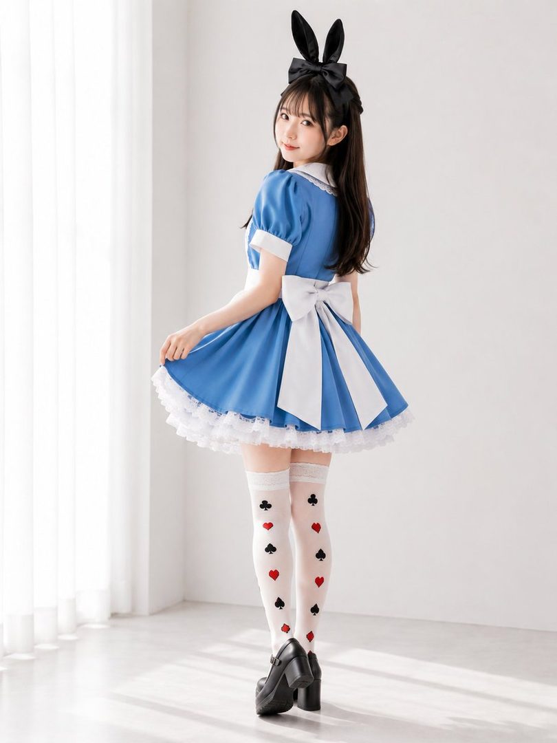 A young woman in an Alice in Wonderland costume with bunny ears poses indoors, looking over her shoulder.