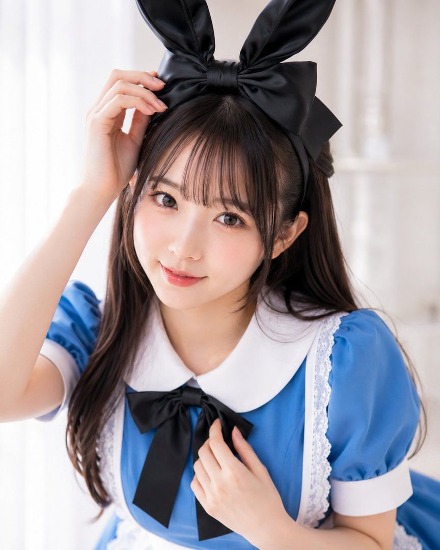 A young woman with long black hair and bangs, wearing a blue Alice in Wonderland-style dress with white trim and a black bow, and black bunny ears, poses for a portrait.
