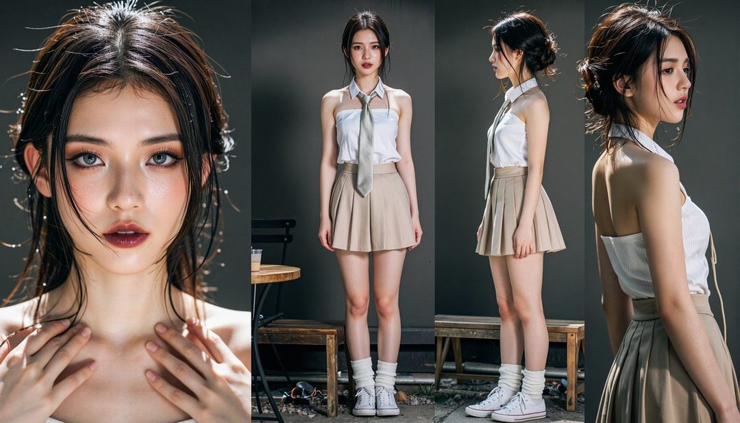 A young East Asian woman with dark hair styled in loose strands, wearing a white halter top, a grey tie, and a beige pleated skirt, posing in a studio setting.