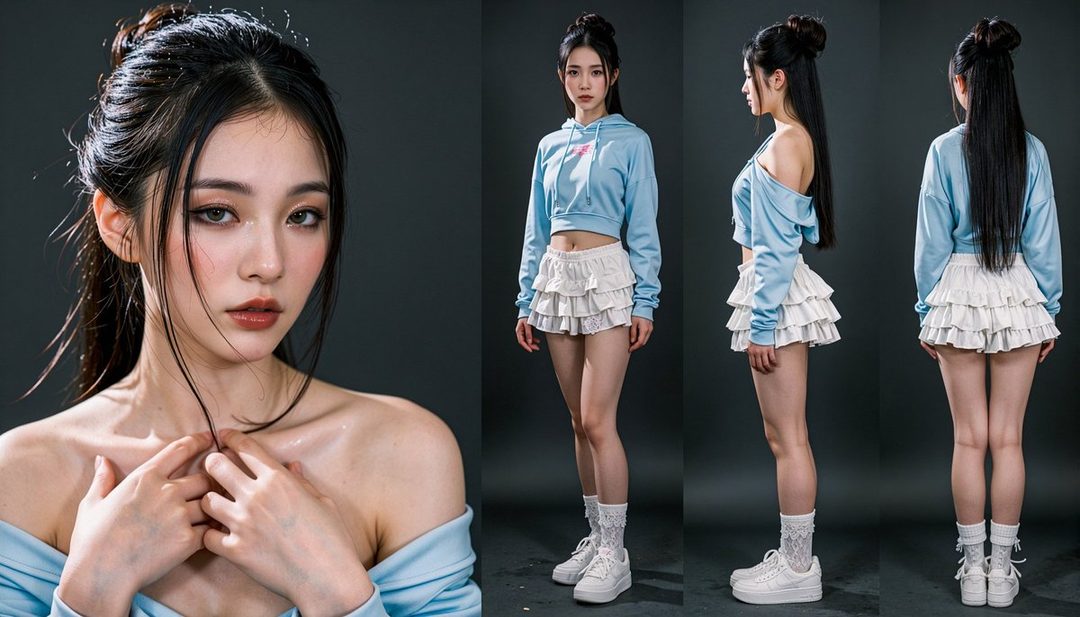 A young woman with long black hair styled in a high ponytail, wearing a light blue off-the-shoulder crop top and a white ruffled skirt, posing in a studio.