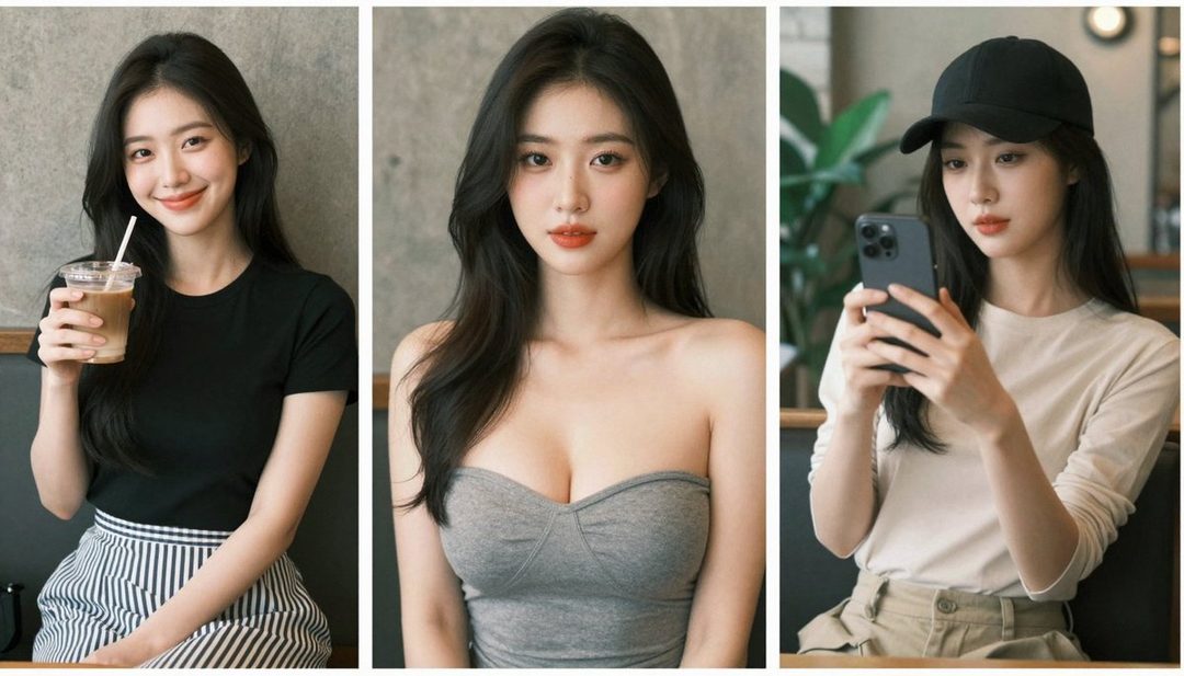 A triptych of a young East Asian woman in casual outfits, posing in a cafe setting.