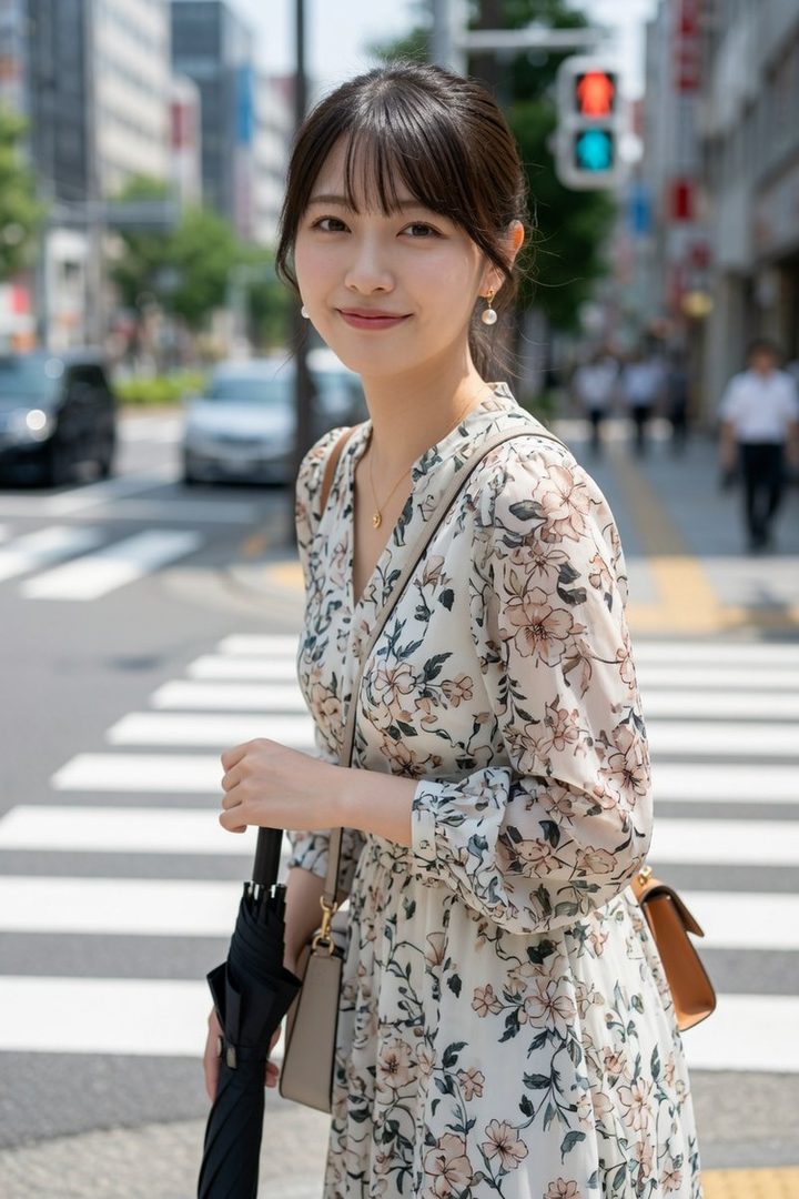 A young East Asian woman with dark hair and bangs, wearing a floral dress, stands on a city street with a crosswalk and traffic lights in the background.