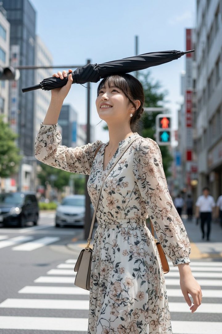 A young woman with dark hair holds a closed black umbrella over her head while smiling and looking up, standing on a city street crosswalk on a sunny day.