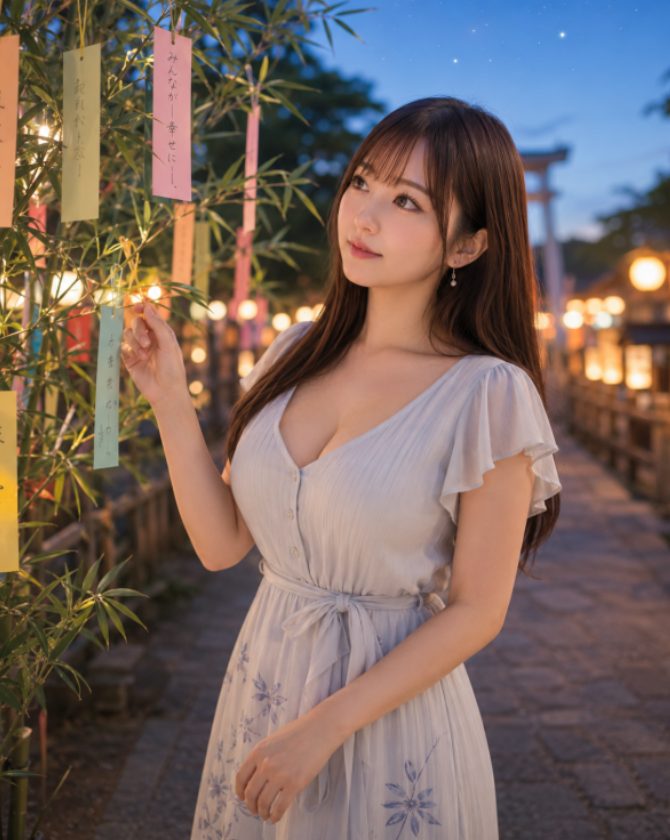 A beautiful Japanese woman with long brown hair, wearing a light blue dress, stands outdoors at night near a bamboo tree decorated with colorful wishes for Tanabata.
