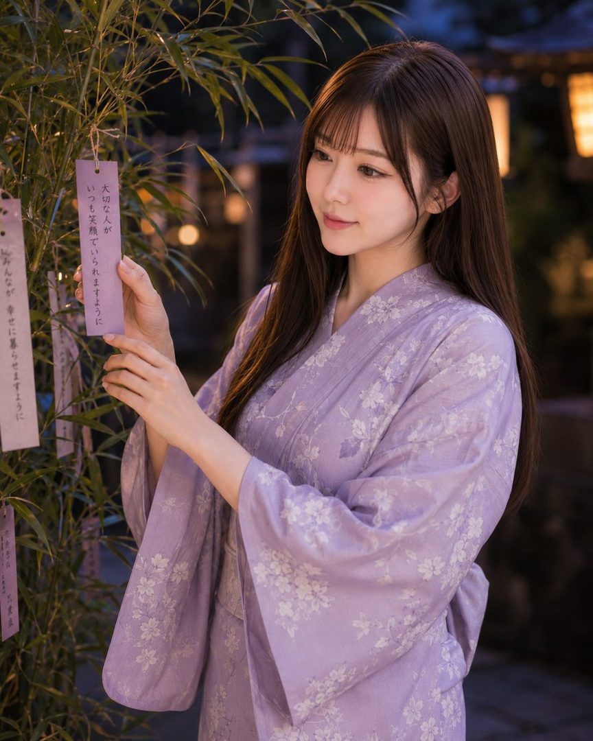 A young woman in a light purple floral kimono stands outdoors at night, holding a purple wish tag on a bamboo branch.