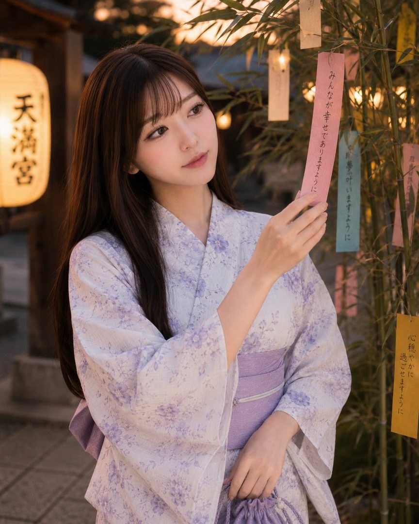 A young woman in a light purple floral yukata holds a tanzaku (wish paper) from a bamboo tree at a Japanese shrine at dusk.