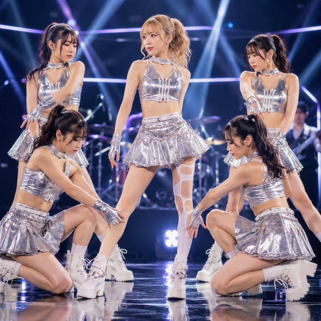 A group of five young women in matching silver outfits performing on stage, with one woman in the center with blonde hair.