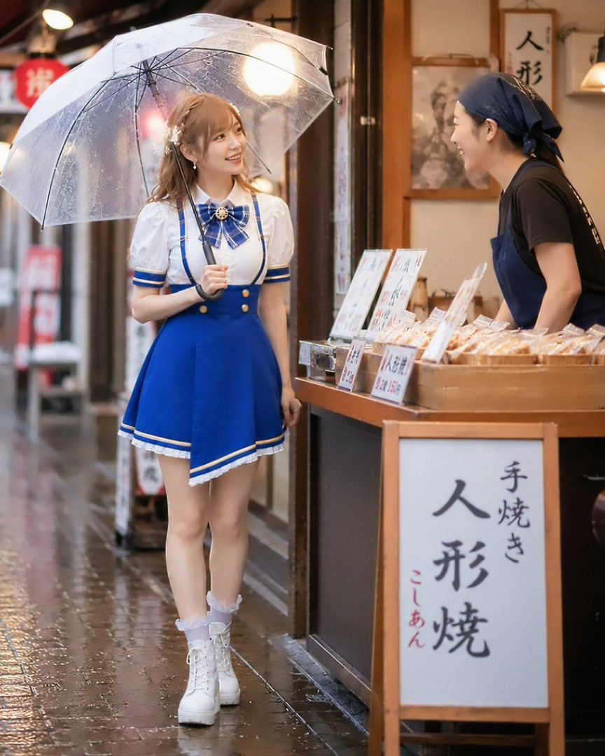 A young woman in a blue and white uniform holding an umbrella on a rainy street, interacting with a shopkeeper.