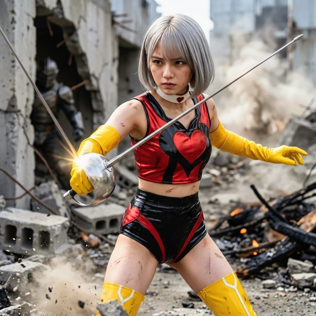 A young woman with short silver hair, wearing a red and black outfit with yellow gloves and boots, holds a fencing sword in a post-apocalyptic setting.