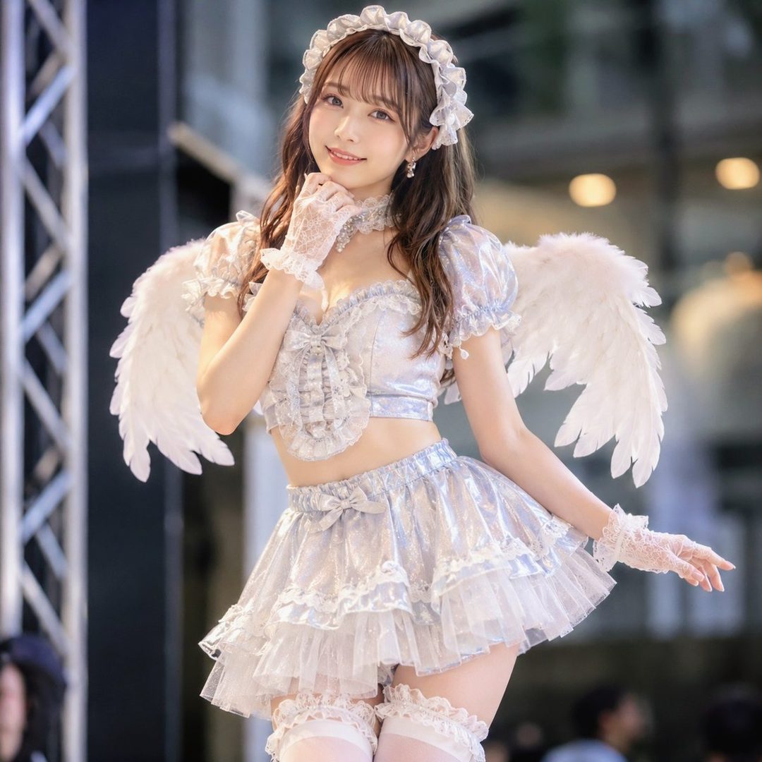 A young woman in an angelic costume with white wings, posing cutely.