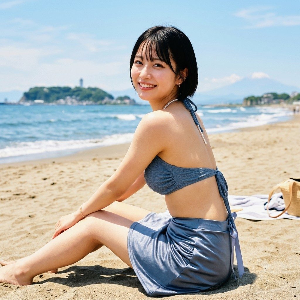 A young woman with short black hair smiles at the camera while sitting on a sandy beach in a blue bikini and skirt. The ocean and a distant coastline are visible in the background.