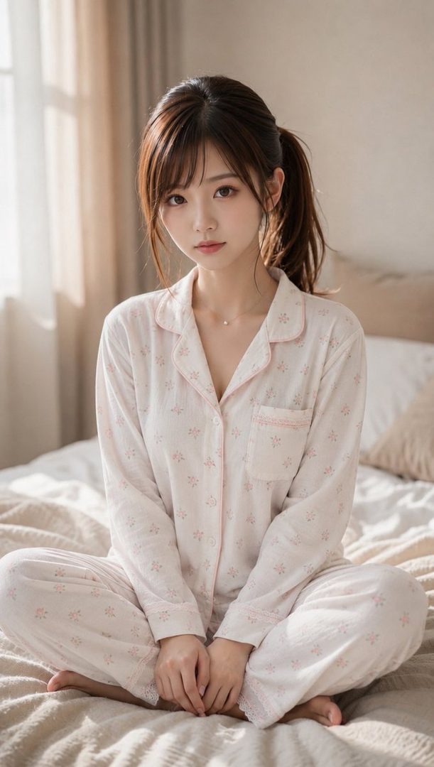 A young East Asian woman with brown hair in a ponytail, wearing pajamas, sits cross-legged on a bed in a sunlit room.