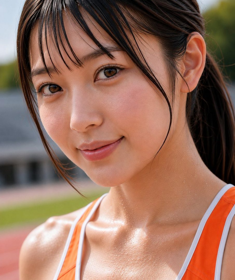 A close-up portrait of a young East Asian woman with dark hair, wearing an orange sports top, with a slight smile and sweat on her skin, outdoors.
