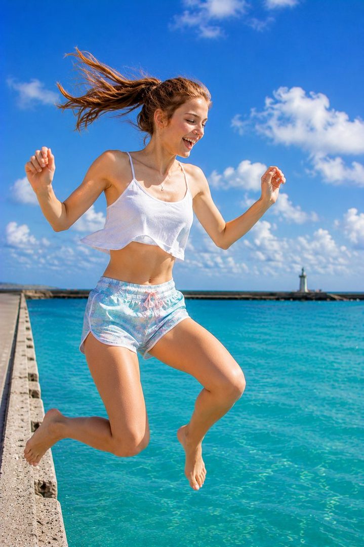 A young woman with red hair in a ponytail jumps into the ocean on a sunny day, wearing a white crop top and patterned shorts.