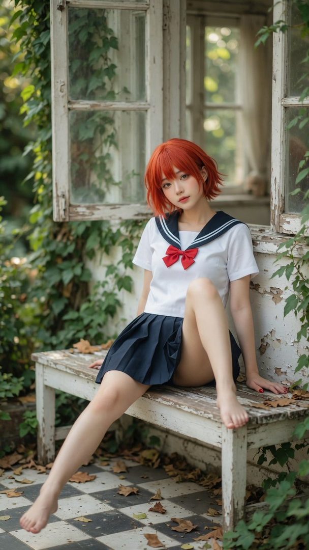 A young woman with short, vibrant red hair, wearing a Japanese school uniform, sits on a weathered wooden bench in a garden setting with ivy and fallen leaves.