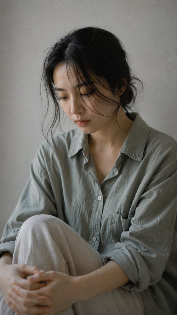 A young East Asian woman with black hair tied back, wearing a loose grey shirt and light-colored pants, sits with her knees drawn up, looking down pensively.
