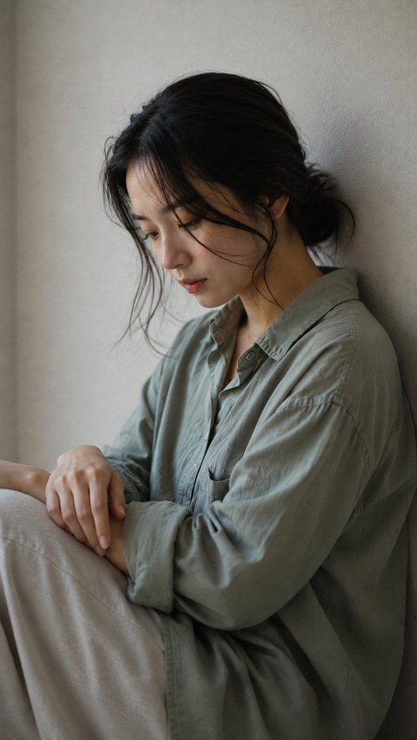 A young East Asian woman with black hair tied back, wearing a loose green shirt and light-colored pants, sits indoors with her head bowed, looking down pensively.