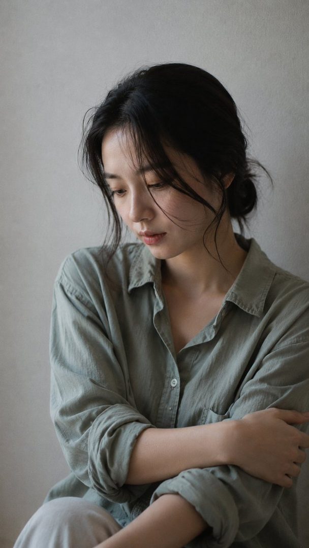 A young East Asian woman with black hair tied back, wearing a loose green shirt, looks down pensively in a studio portrait.