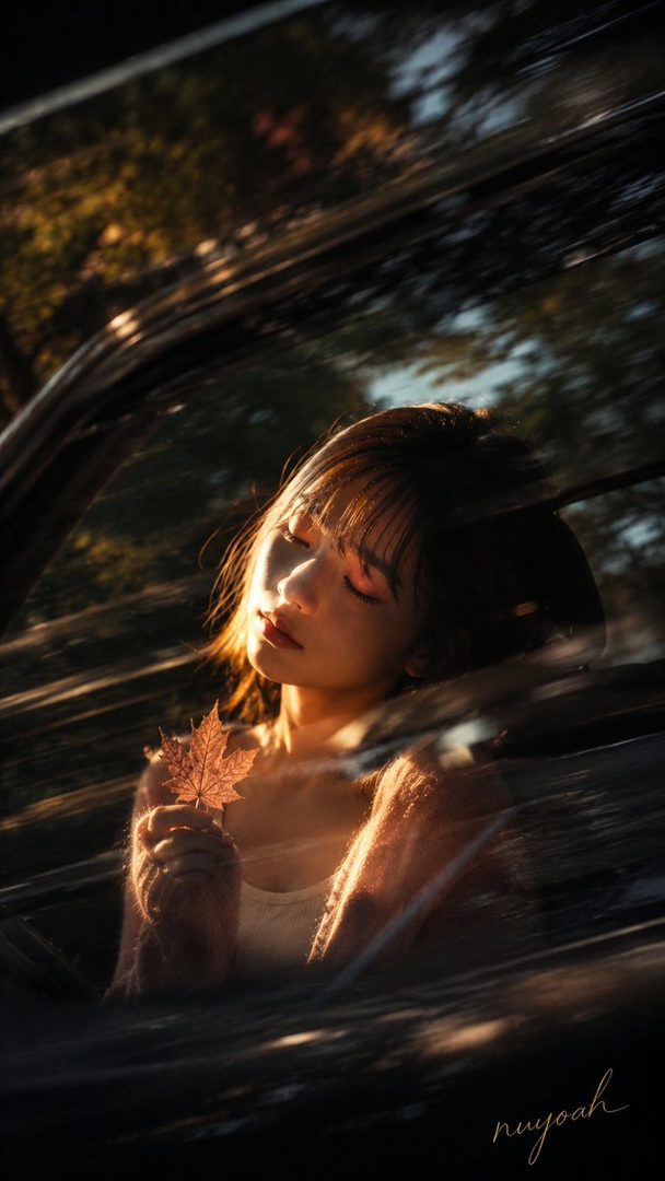 A young woman with bangs holds a fallen leaf, bathed in warm sunlight filtering through a car window.