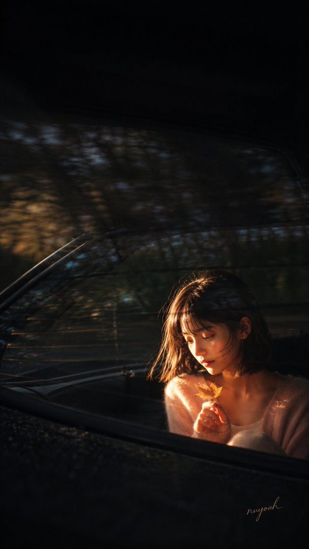 A young woman with short brown hair sits in a car, holding a yellow leaf, bathed in the warm glow of golden hour light filtering through the car window.