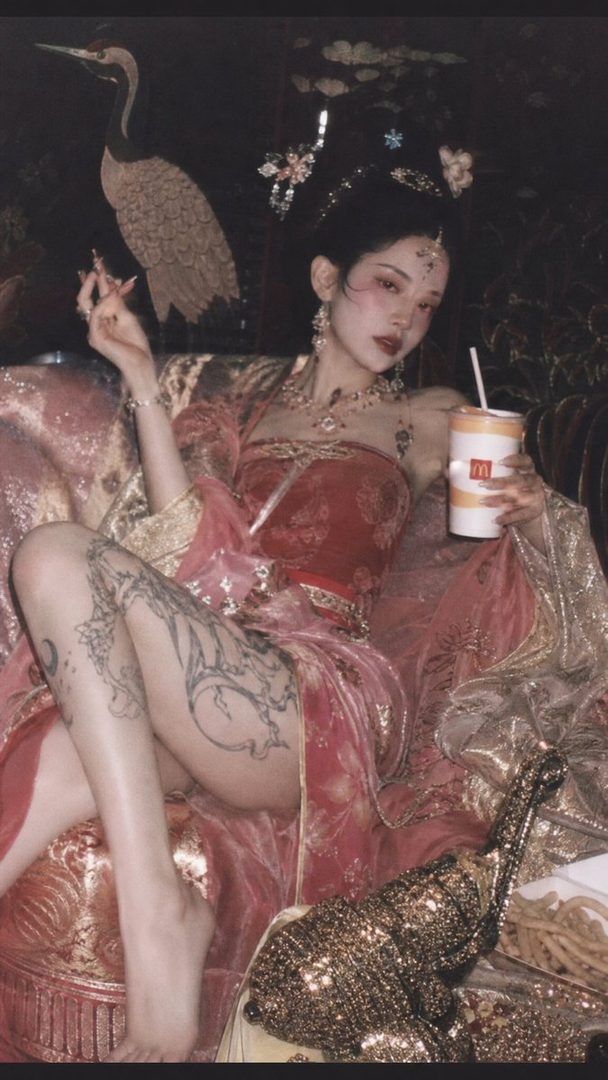 A woman in traditional Chinese-inspired attire with elaborate hair ornaments sits on a luxurious couch, holding a McDonald's cup and fries. She has extensive leg tattoos and a suggestive pose.