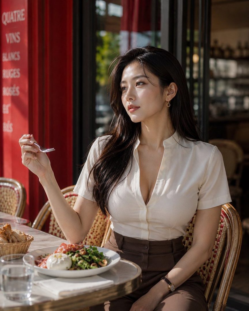 A woman with long dark hair sits at an outdoor cafe table, looking thoughtfully to the side while holding a fork over a plate of food.