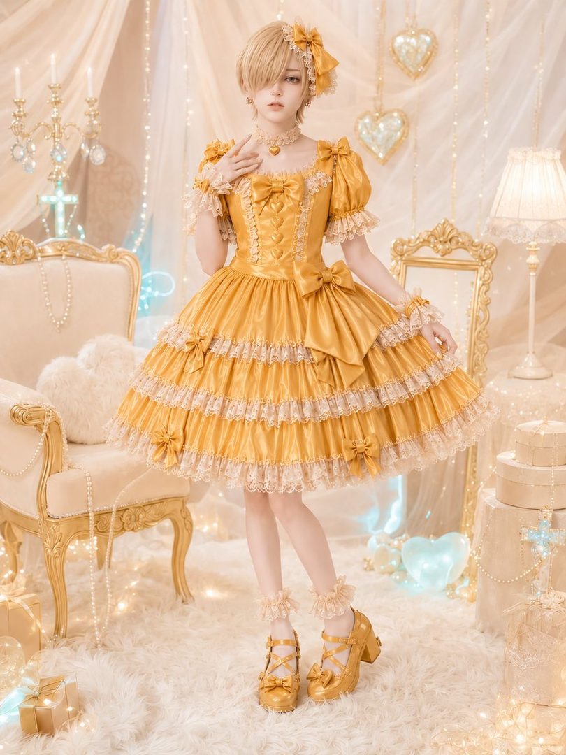 A young woman with blonde hair, styled in a short, avant-garde cut, wears a dazzling golden lolita dress adorned with bows, lace, and ruffles. She is accessorized with a heart-shaped choker, matching wrist cuffs, and golden platform shoes with bows. The backdrop is a luxurious indoor setting with ornate furniture, soft lighting, and decorative elements, creating a dreamy and elegant atmosphere.