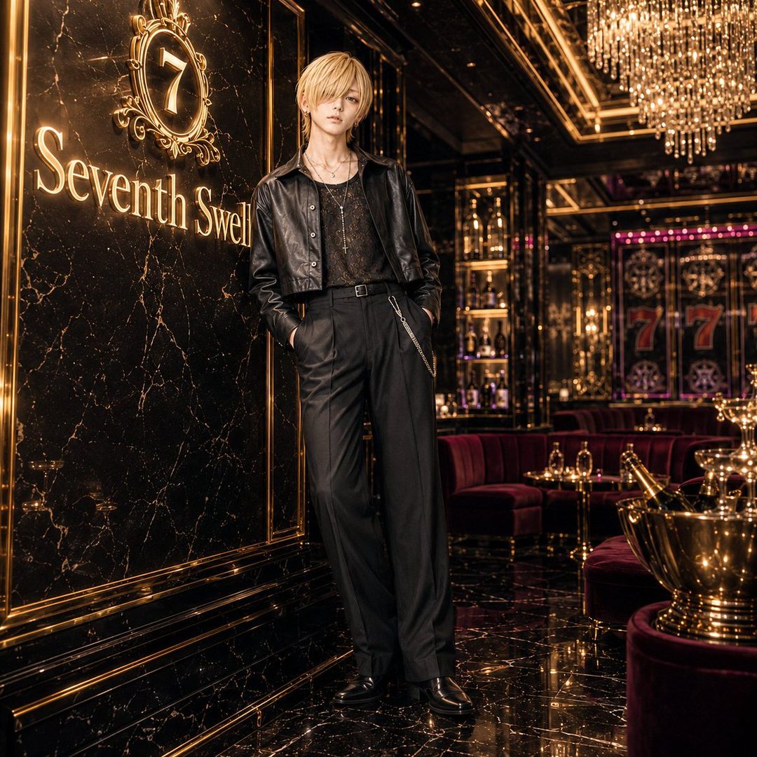 A young man with blonde hair, wearing a black leather jacket and black pants, poses in a luxurious, dimly lit club with a chandelier and slot machines in the background.
