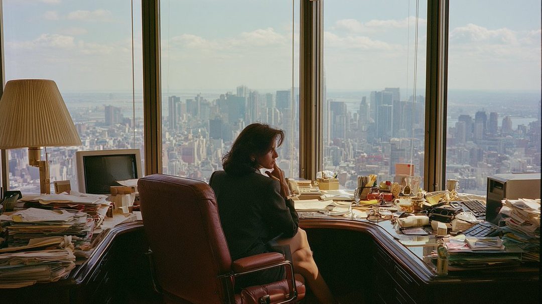 A woman in a suit sits at a cluttered desk in a high-rise office, looking out at the city skyline.
