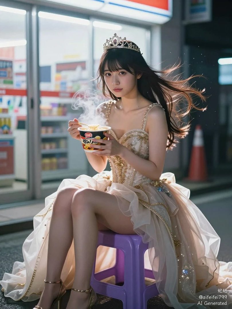 A young woman wearing a tiara and a formal dress sits on a stool outside a convenience store at night, eating instant noodles.