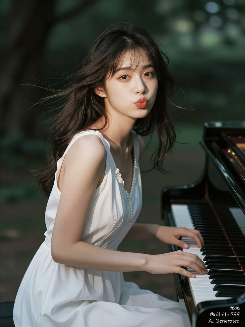 A young woman with long dark hair in a white dress plays the piano outdoors, making a playful puckered face.