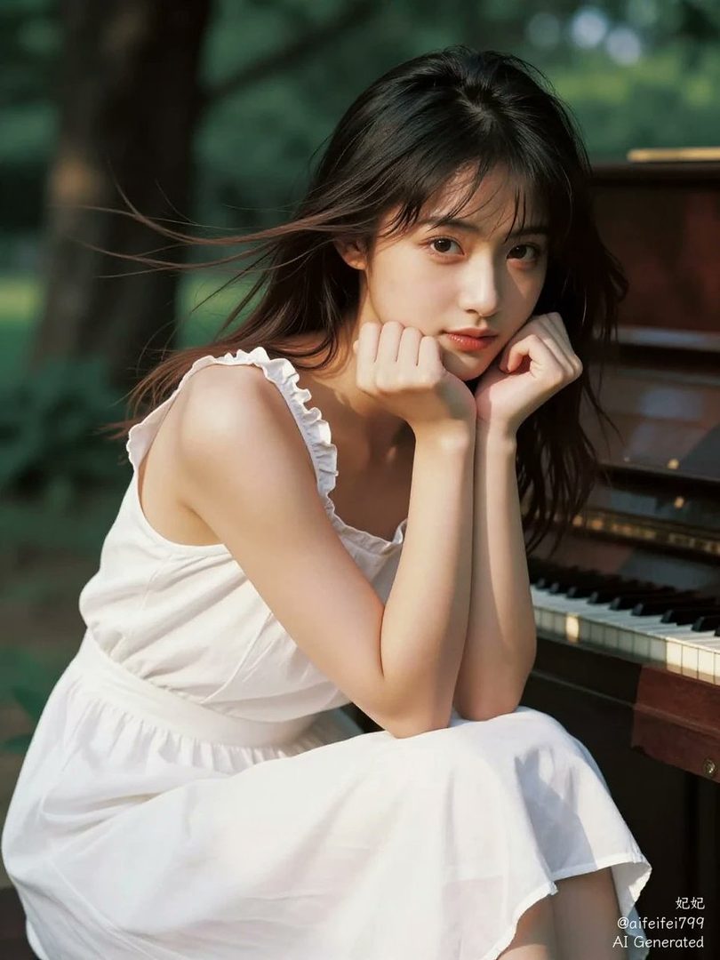 A beautiful East Asian woman with long black hair and a white dress poses outdoors next to a piano.
