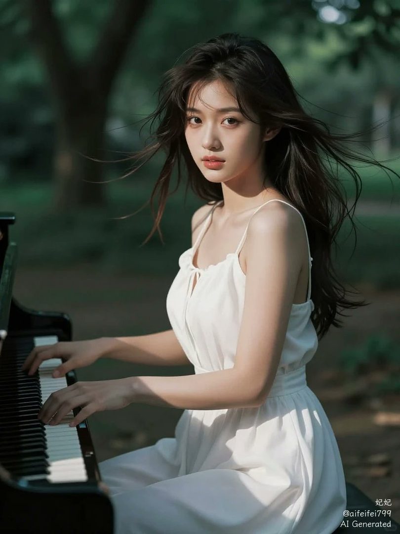 A beautiful East Asian woman with long black hair plays a piano outdoors, wearing a white dress.