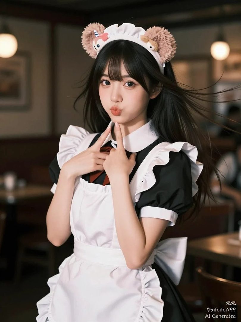 A young woman with long black hair and bangs, wearing a maid outfit and a cute bear-ear headband, poses indoors with a playful expression.