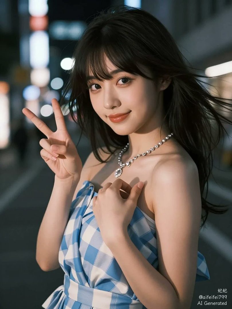 A young East Asian woman with long black hair and bangs, wearing a blue and white checkered strapless top and a pearl necklace, poses with a peace sign in a nighttime city setting.