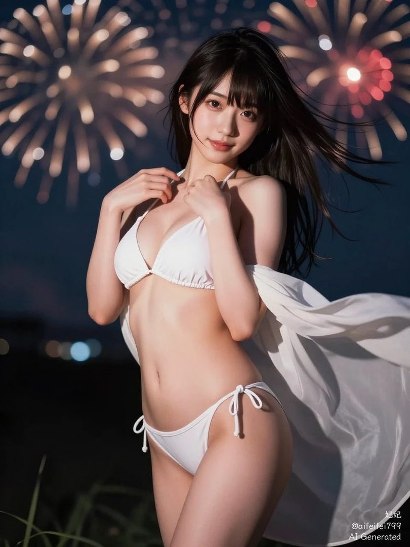 A beautiful young woman in a white bikini poses against a backdrop of fireworks.