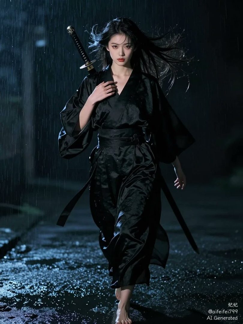 A woman in a black kimono with a katana on her back walks barefoot in the rain at night.