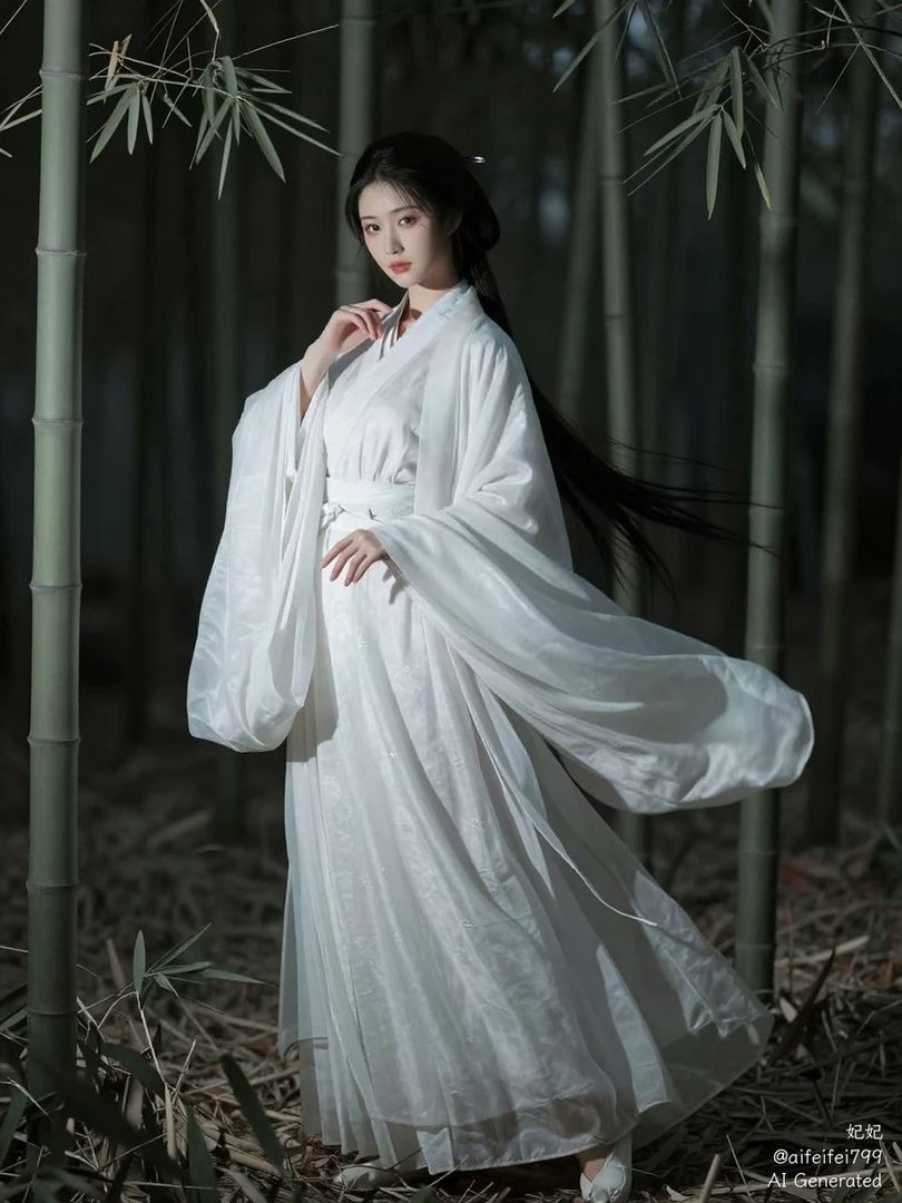 A beautiful woman with long black hair in a flowing white traditional Chinese dress stands gracefully in a bamboo forest.