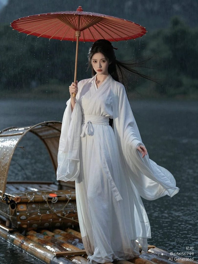 A woman in a white traditional Chinese dress holds a red umbrella while standing on a raft in the rain.