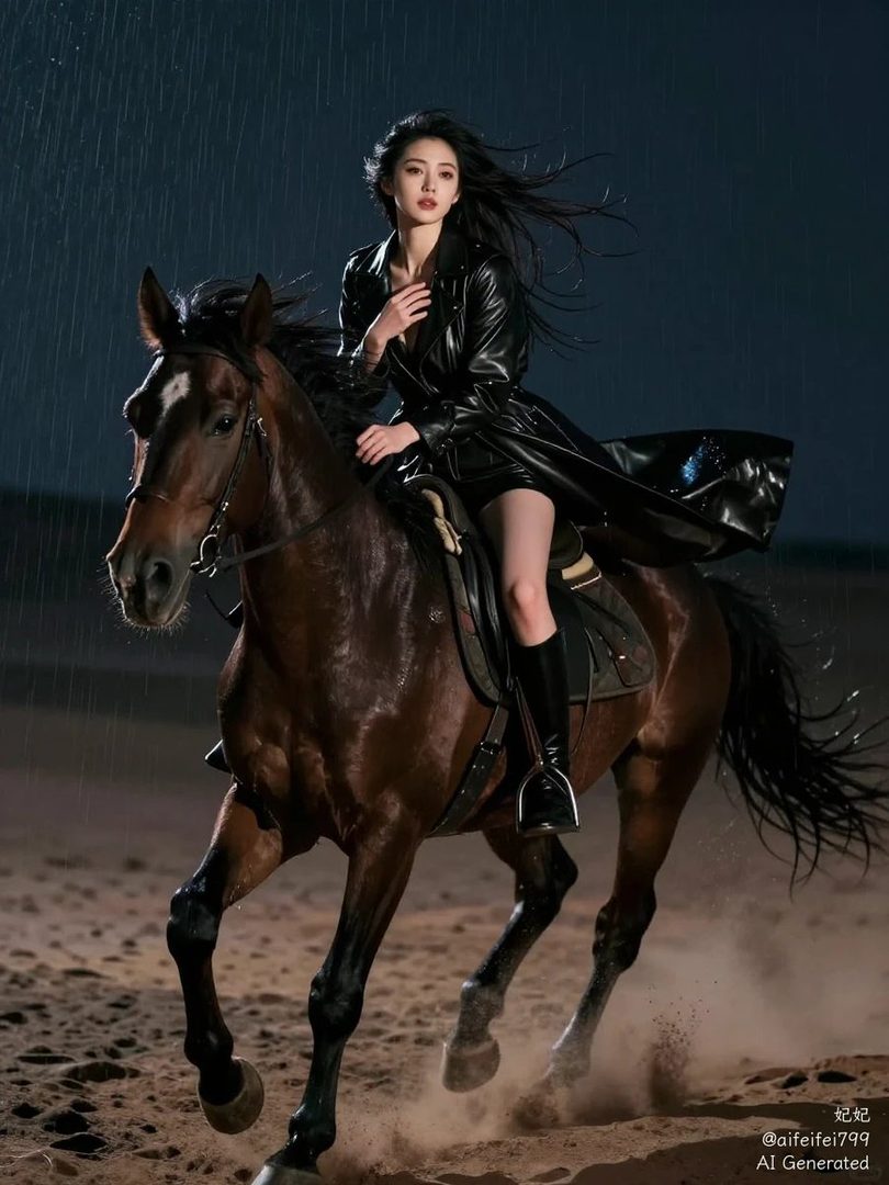 A woman with long black hair, wearing a black leather coat, rides a horse through a sandy landscape at night, with rain falling.