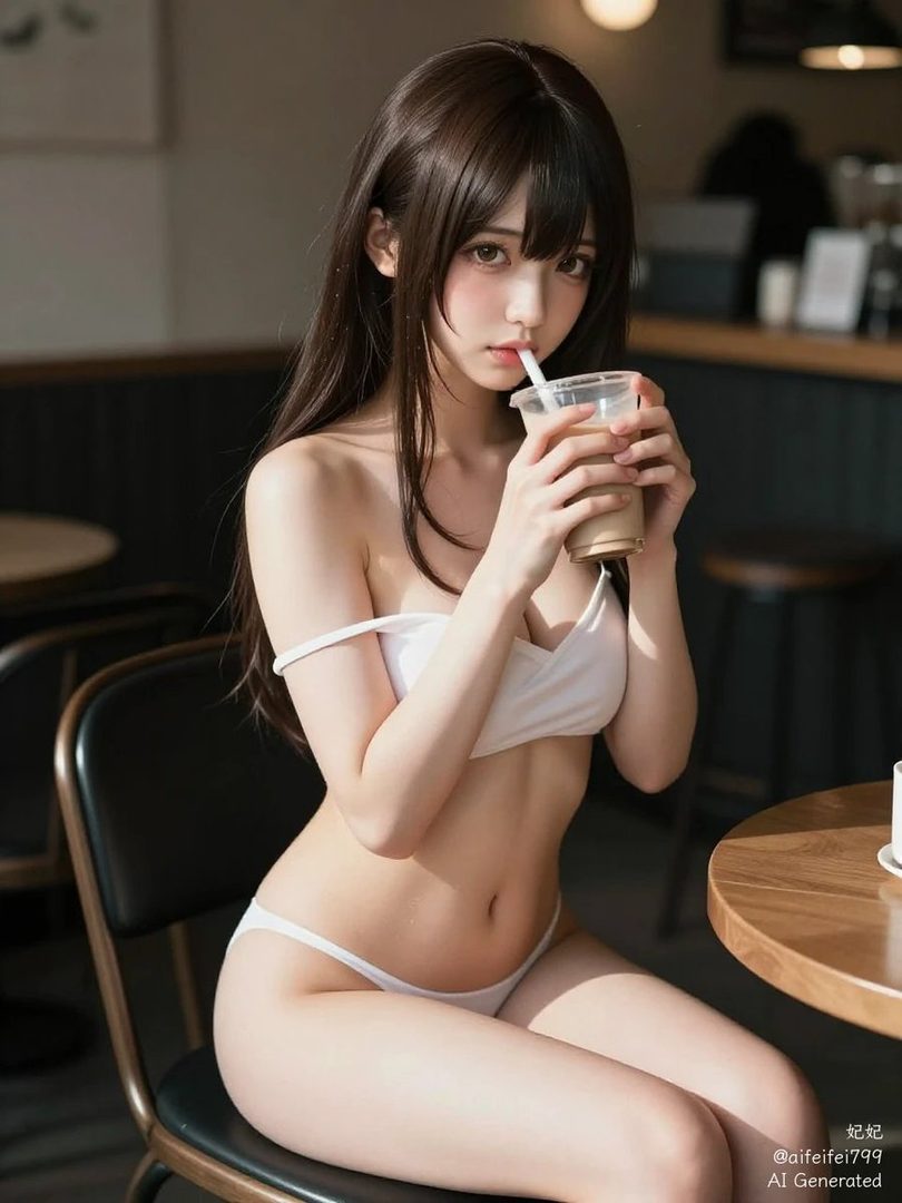 A photorealistic AI-generated image of an East Asian woman in white swimwear, sitting in a cafe and drinking from a cup with a straw.