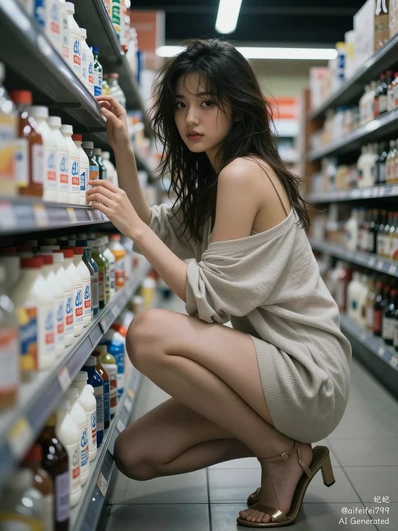 A young woman with long dark hair crouches in a supermarket aisle, looking towards the camera.